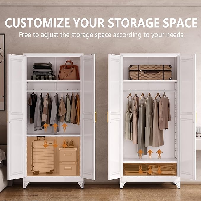 Polup Metal Armoire Wardrobe Closet with Doors and Shelves, 71" Tall Freestanding Wardrobe Cabinet for Hanging Clothes, Large Closet with Hanging Rod for Bedroom, Office, School, Employee, Gym, White