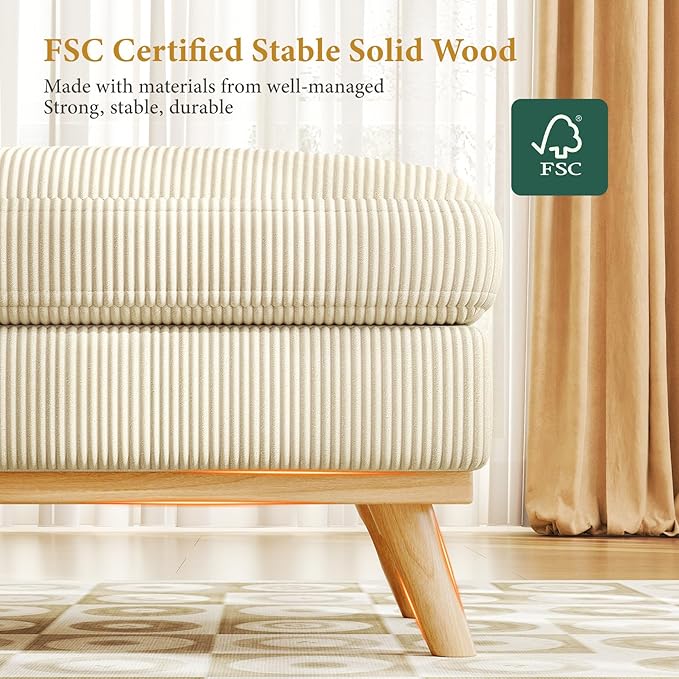 Vesgantti Large Ottoman for Modular Sofa, 29.5" Corduroy Pouf Ottoman with Spring Cushion, Rectangle Foot Rest for Couch, Entrance Footstool with Wood Legs, Footstool for Living Room, Bedroom, Beige