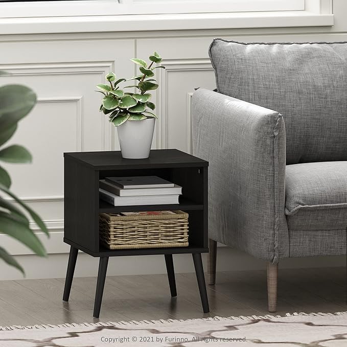Furinno Claude Side Table, 2-Tier Square Mid-Century End Table with Wooden Legs, Open Shelf Night Stand, Bedside Table, for Living Room, Bedroom, Espresso