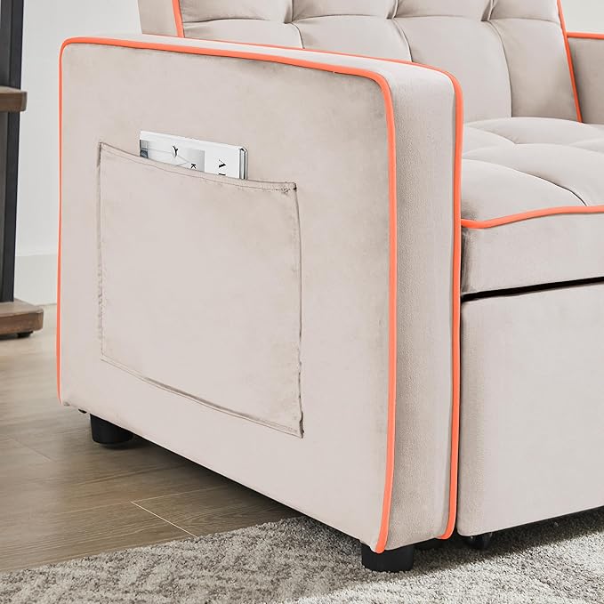 3 in 1 Convertible Sleeper Sofa Chair, 35" Pull Out Sofa Bed Recliner for Adult with Adjustable Backrest, Velvet Fabric Sleeper Couch Single Modern Chair for Living Room Bedroom, Cream White