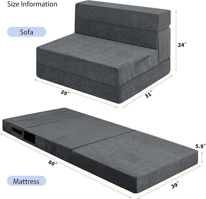 Folding Sofa Bed Chair with Pillow,Convertible Fold Out Chair Bed Sleeper,Foam Floor Mattress, Foldable Futon Couch Bed for Living Room/Dorm/Guest/Office (Grey, Twin XL)