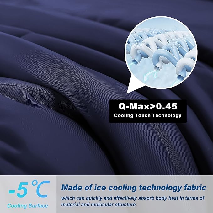 Cooling Comforter Twin Size, Double-Sided Cold Tech Fabric Quilted Bed Comforters Cooling Blanket for Hot Sleepers, Breathable Lightweight Summer Bedding, All-Season Ice Blanket, Navy Blue