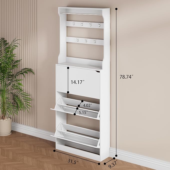 Shoe Cabinet for Entryway, White, 31.5 * 9.37 * 78.74 Inch, 3 Flip Drawers, 3 Shelves, Modern Style - Image 2