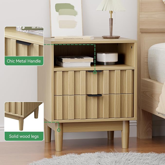 Fluted Nightstand with 2 Drawers, 19" Wide Night Stand with Solid Wood Legs, Open Storage Shelf, Mid Century Modern Wooden Bedside Table for Bedroom, Bed End Side Table, Oak - Image 5