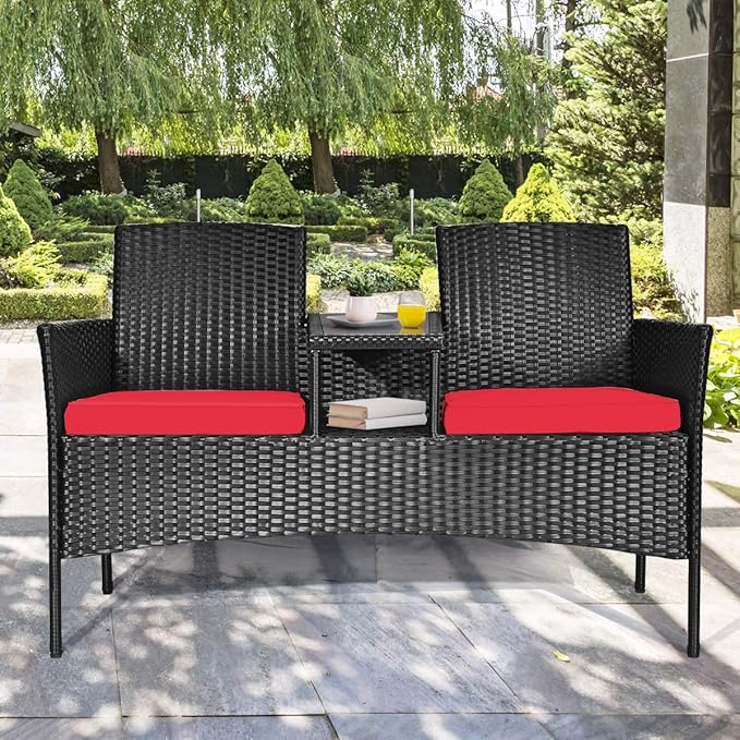 Tangkula Wicker Patio Conversation Furniture Set, Outdoor Furniture Set with Removable Cushions & Table, Tempered Glass Top, Modern Rattan Bench for Garden Lawn Backyard