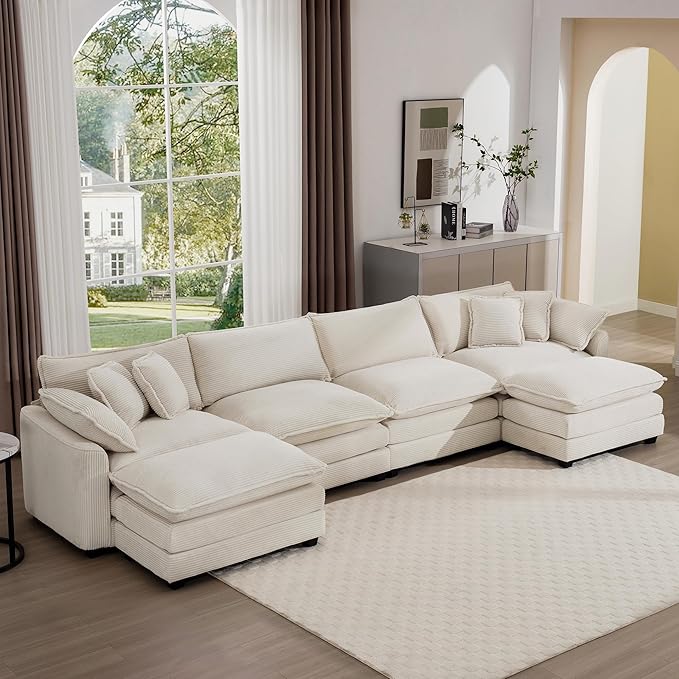 KEIKI 150" U-Shaped Oversized Corduroy Modular Sectional Sofa with 2 Ottoman, High-Density Foam Cushions, Removable Armrests, Upholstered 4-Seater Corner Couch with 6 Pillow, for Living Room, Beige