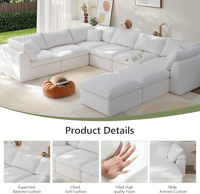 Modular Sectional Sofa Boneless Cloud Couch for Living Room, U Shape Deep Seat Recliner Sofa with Ottoman, Adjustable Backrest & 2 Throw Pillows - Covers Washable, (White, 6 Seater+2 Ottoman)