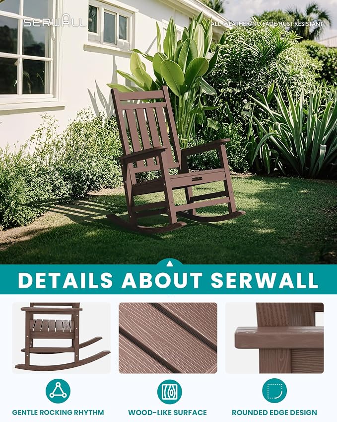 SERWALL Oversized Outdoor Rocking Chair Set of 4, HDPE Rocker for Adults, Patio Rocking Chairs for Porch, Coffee - Image 4