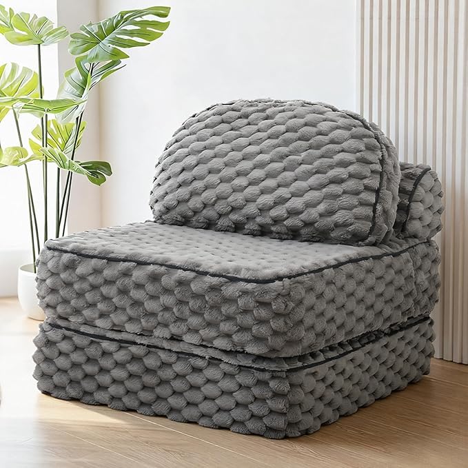 COLAMY Folding Sofa Bed, 3-in-1 Convertible Sleeper Chairs with Pillow,Back Support, Fuzzy Fabric Floor Couch Bed for Adults, Boneless Couches Living Room, Bedroom, Apartment, Grey