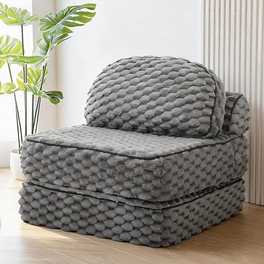 COLAMY Folding Sofa Bed, 3-in-1 Convertible Sleeper Chairs with Pillow,Back Support, Fuzzy Fabric Floor Couch Bed for Adults, Boneless Couches Living Room, Bedroom, Apartment, Grey