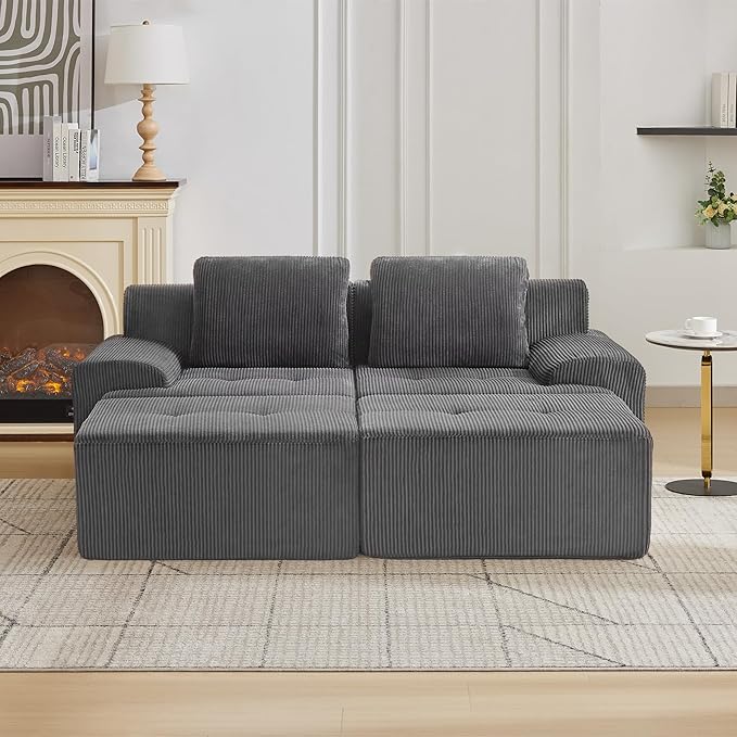 Modular Sectional Sofa with Movable Ottoman, 2 Seat Deep Seat Couch with 2 Pillows, Comfy Cloud Sectional Sofa for Living Room, Bedroom and Apartment (Grey, 1 Left+1 Right+2 Ottoman)