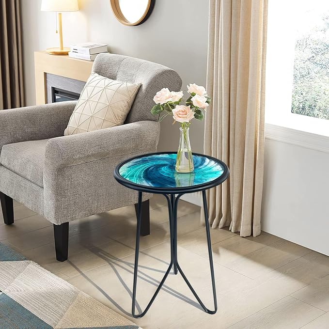 LIFFY Patio Side Table, Small Round End Table, Metal Side Table Outdoor, Small Porch Table for Indoor Balcony Furniture Decor (Blue Glass 12inch) - Image 5