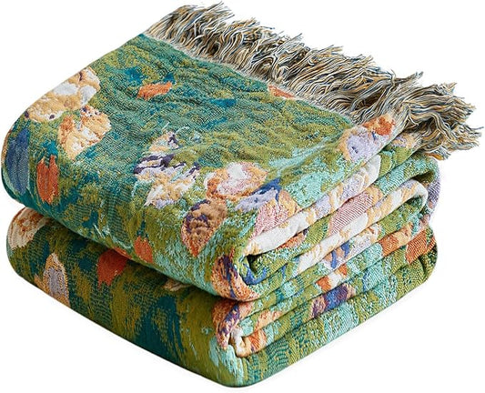 LUTBM Boho Throw Blanket for Couch Sofa Chair Spring Cotton Blankets for Bedroom Living Room All Season Soft Lightweight Reversible Floral Embroidery Decorative Throws 50"x60" Home Decor