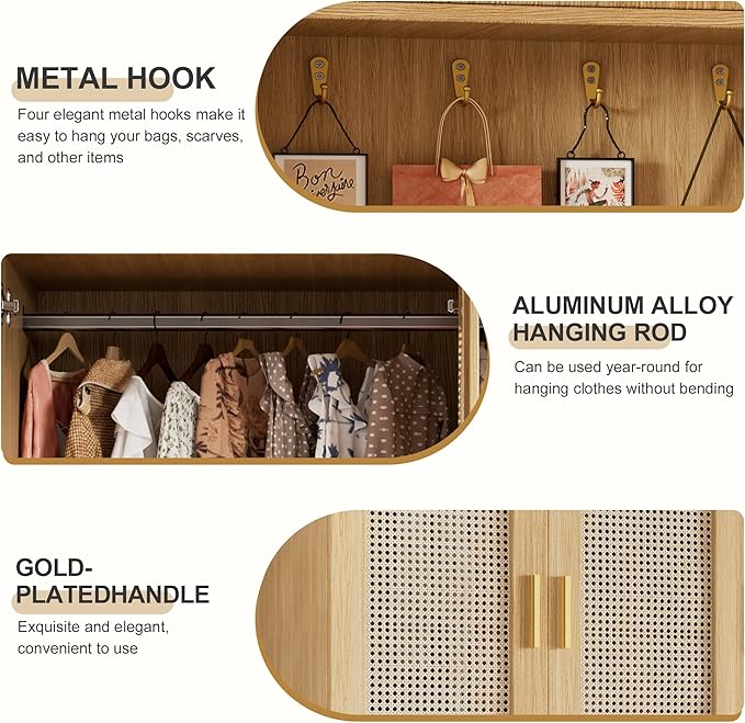 PAKASEPT 3 Doors Armoire Wardrobe Closet with Rattan,71'' Tall Freestanding Wooden Wardrobe Storage Cabinet for Bedroom with Hanging Rod,LED Vanity Mirror,Drawers,Clothes Hook,Open Shelves,Natural