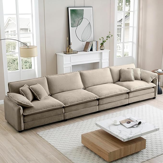 KEIKI 150" Oversized Corduroy Modular Sectional Cloud Sofa with High-Density Foam Cushions, Removable Armrests, Upholstered Modern 4-Seater Fluffy Corner Couch with 6 Pillow, for Living Room, Tan