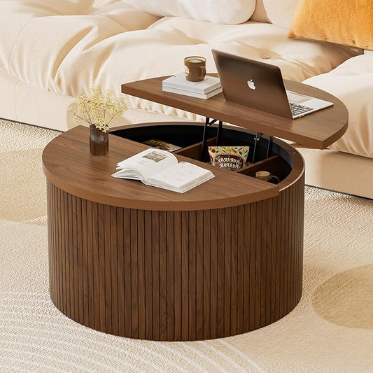 Fluted Round Lift Top Coffee Table with Storage, 31.5" Walnut Small Circle Wood Center Table for Living Room