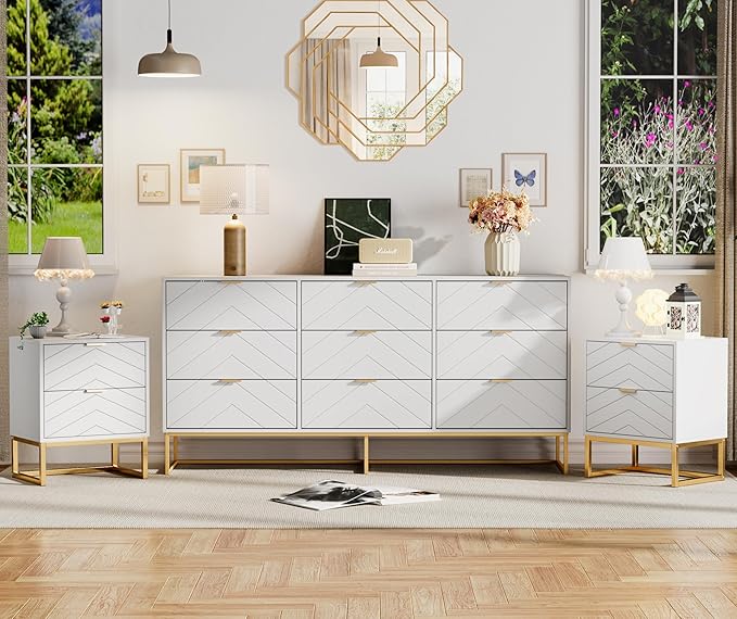 Anbuy Morden 9 Drawer Dresser and Nightstand Sets for Bedroom, Night Stand Set of 2 & 9 Drawer Dresser with Gold Handles, Morden Wood Chest of Drawers Storage Cabinet Set, White