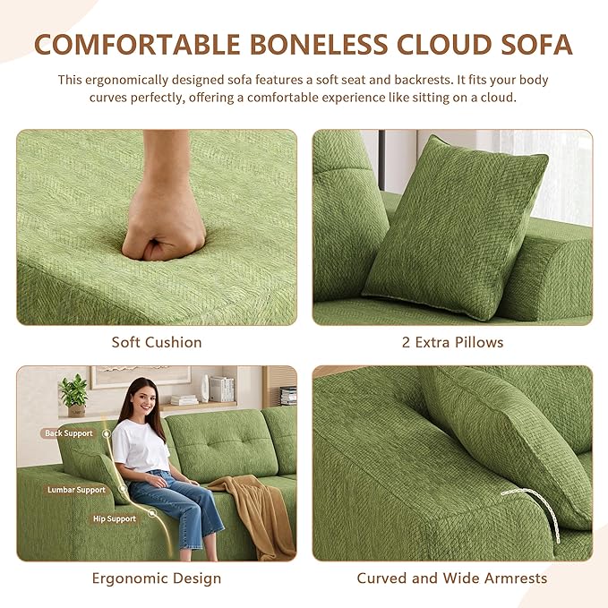 Ball & Cast 106" Modular Sectional Sofa, Convertible Cloud Couch with Deep Seat, Boneless L-Shaped Sectional, Flexible Modular Combination for Living Room, No Assembly (Green, Right Facing Chaise)
