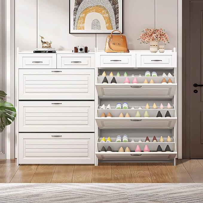 Vibe & Dine Narrow Shoe Organizer Cabinet with 3 Large Flip Drawers & 2 Storage Drawers - Slim Shoe Storage for Entryway, Hallway, Bedroom - Image 6
