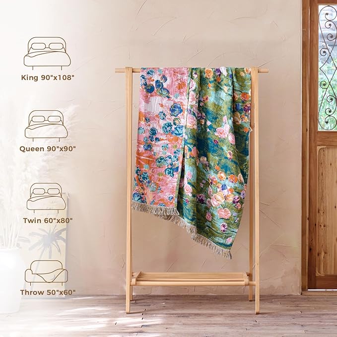 LUTBM Boho Throw Blanket for Couch Sofa Chair Spring Cotton Blankets for Bedroom Living Room All Season Soft Lightweight Reversible Floral Embroidery Decorative Throws 50"x60" Home Decor