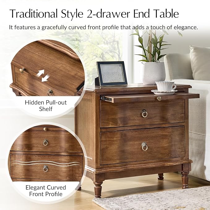 HULALA HOME Solid Wood Storage End Table with Hidden Pull-Out Shelf, Transitional 2 Drawer Side Table with Charging Station, Large SideTable with USB Ports, Easy Assembly, Cherry - Image 3