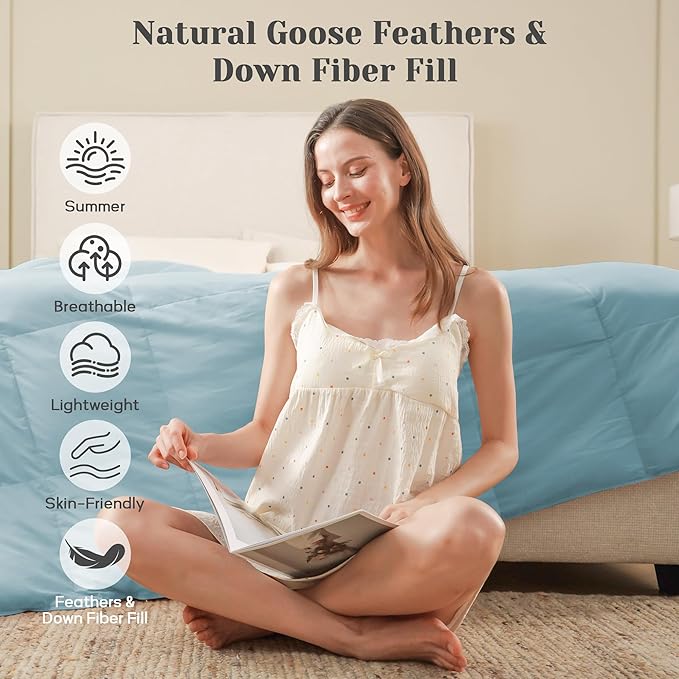 Joysoul Goose Feathers Fiber Comforter - Lightweight Ultra Soft Fabric Cover Breathable White Down Feather Fill, Blue Queen Size Duvet Insert (88" X 88")