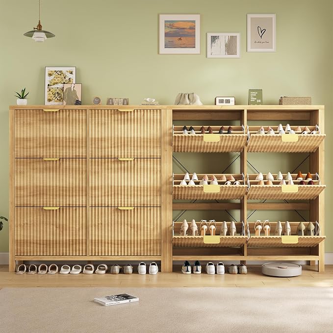 YOMILUVE 47.3" Shoe Cabinet Storage for Entryway, Fluted Shoe Cabinet with 6 Flip Drawers, Slim Shoe Rack Freestanding Wooden Shoe Organizer with Legs for Hallway, Oak - Image 8