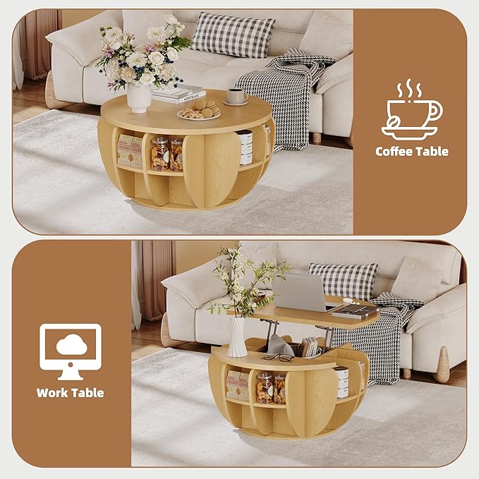 32.7" Lift Top Coffee Table with Storage, Natural Wood Round Center Table with Hidden Storage Compartment & Shelves, Mid Century Modern Coffee Tables for Living Room Rustic Accent Small Center Table