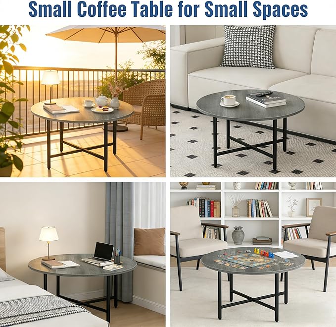 Coffee Table, 23.6" Coffee Tables for Living Room, Round Coffee Table with Metal Frame, Floor Table for Sitting on The Floor, Home, Office, Elegant Gray