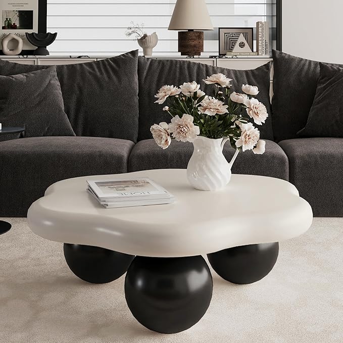 35" Cloud Coffee Table with 3 Ball Legs, Modern Minimalist Petal Center Table for Living Room, Low Cute Small MDF Tea Table for Bedroom, Small Space Apartment-White Black