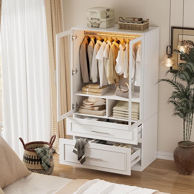 Armoire Wardrobe Closet with Drawers and LED Lights,71" Bedroom Closet Wardrobe Cabinet with 2 Glass Doors & Hanging Rod, Wooden Freestanding Armoire Storage Cabinet for Cloakroom,White