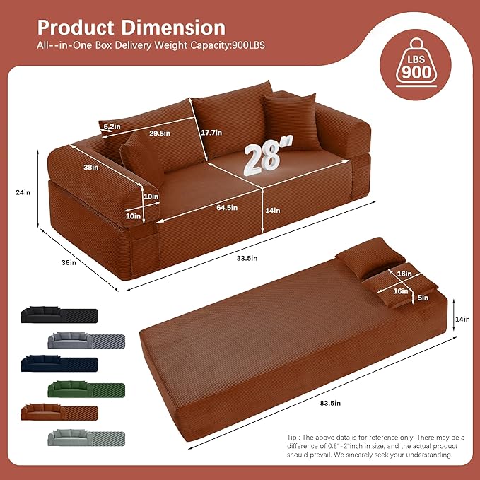 83" Modern Sofa in a Box, No Assembly Oversized 3 Seater 28" Deep Seat Cloud Sofa Bed Couch with 4 Furry Pillows & Corduroy Fabric, Boneless Couch with Side Storage Pockets for Living Room, Orange