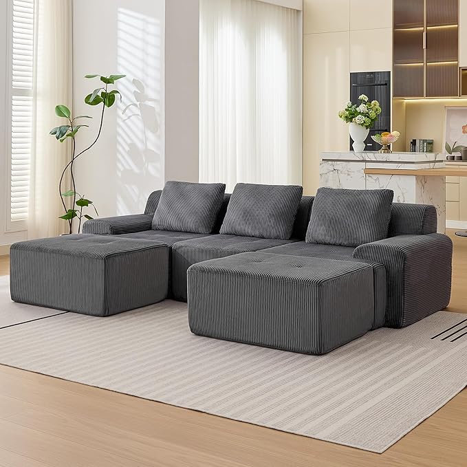Modular Sectional Sofa, 6 Seat Modular Couch, Modular Sofa with Deep Seat and Detachable Pillow (Grey, 5 Pieces-U Shape)