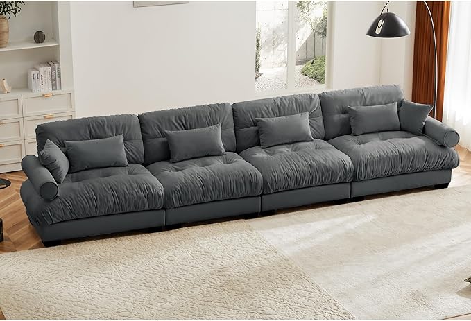 KEIKI 166" Oversized Velvet Modular Sectional Sofa with High-Density Foam Cushions and Bolstered Armrests, Upholstered Modern Style 4-Seater Cloud Couch with 6 Pillow, for Apartment, Living Room, Grey