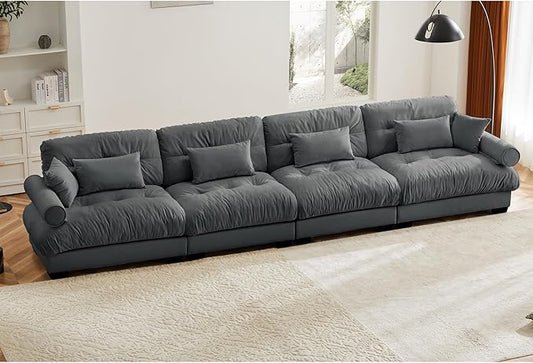 KEIKI 166" Oversized Velvet Modular Sectional Sofa with High-Density Foam Cushions and Bolstered Armrests, Upholstered Modern Style 4-Seater Cloud Couch with 6 Pillow, for Apartment, Living Room, Grey