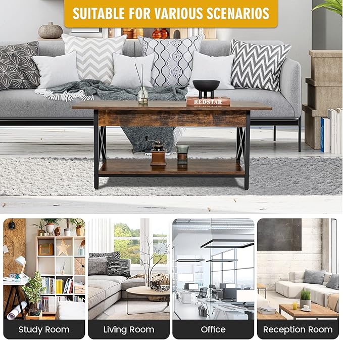 COSTWAY Industrial Coffee Table, 2-Tier Wood Cocktail Tea Table with Storage Shelf and X-Shape Steel Frame, Rectangle Sofa Side Accent Table for Living Room Home Office, Rustic Brown