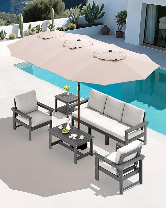 SERWALL HDPE Patio Furniture Set with 15FT Patio Umbrella, 7-piece Outdoor Sectional Sofa Set, All Weather Patio Couch Set for Deck, Gray & Beige(Umbreall Base not Included)