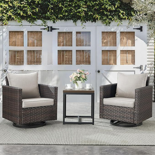 Belord Outdoor Bistro Set 3 Piece Wicker Swivel Rocker Patio Chairs, Oversize Outdoor Rattan Seating Set, Patio Swivel Glider Chairs Wicker Furniture with Metal Side Table for Porch Backyard, Brown