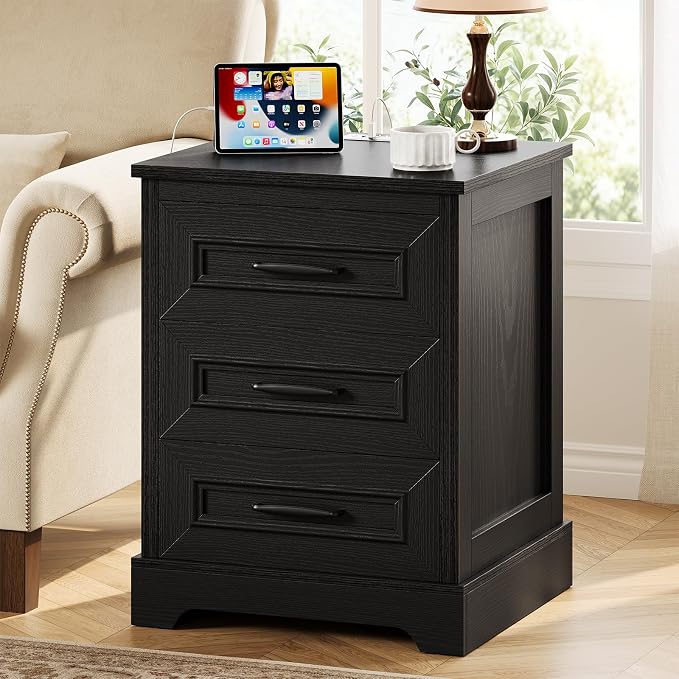 Farmhouse Nightstand with Charging Station, Wood Night Stand with 3 Drawers, Bedside Table, Nightstands with Storage, Rustic Night Stands for Bedroom, Closet, 18" Wide, 24" Tall by Curlaky