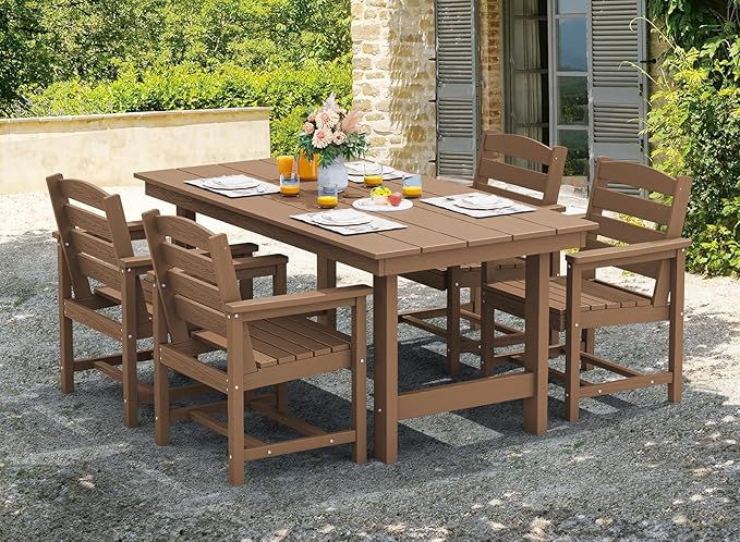 SERWALL Patio Dining Table Sets 5-Piece, Outdoor HDPE Dining Furniture Set with Umbrella Hole Cut-Out Table and 4 Chairs, All Weather Dining Set for Lawn, Garden, Backyard, Poolside, Brown - Image 6
