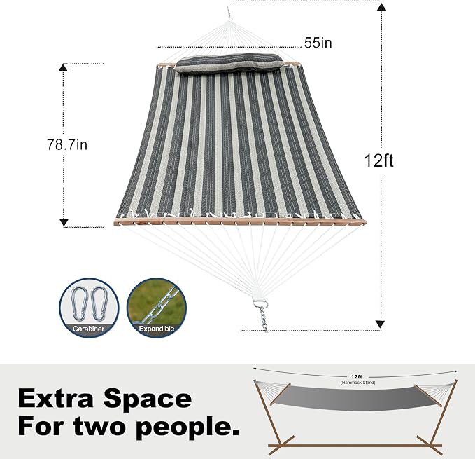 GAFETE Hammock 2 Person Quilted Fabric Hammocks for Outside, Double 12ft Hammocks with Spreader Bar, Large Removable Pillow, Storage Bag, Carabiners, Max 475 lbs Capacity (Mountain Mist Gray) - Image 7