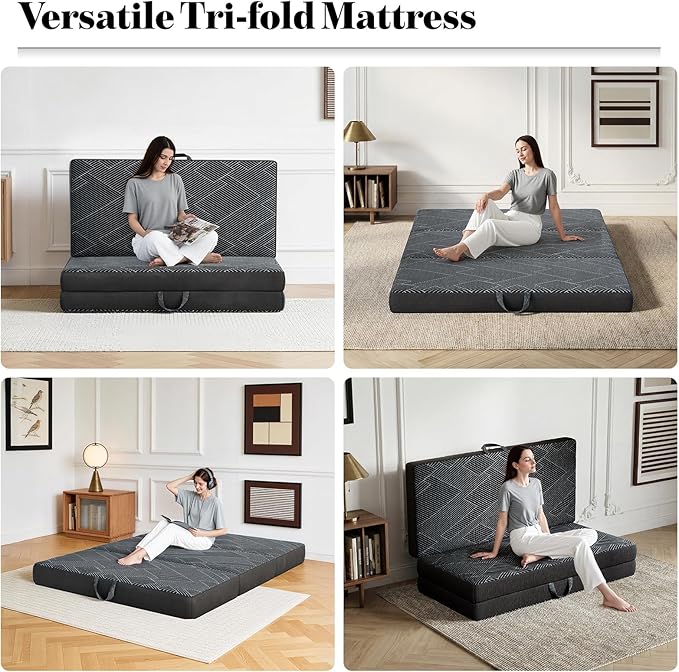 Tri Folding Mattress Queen Size - Foldable Mattress Trifold Memory Foam Mat with Washable Cover, Handle & Non-Slip Bottom Portable Foldable Floor Sofa Bed for Travel Camping Guest - 4 Inch, 78"x58"x4"