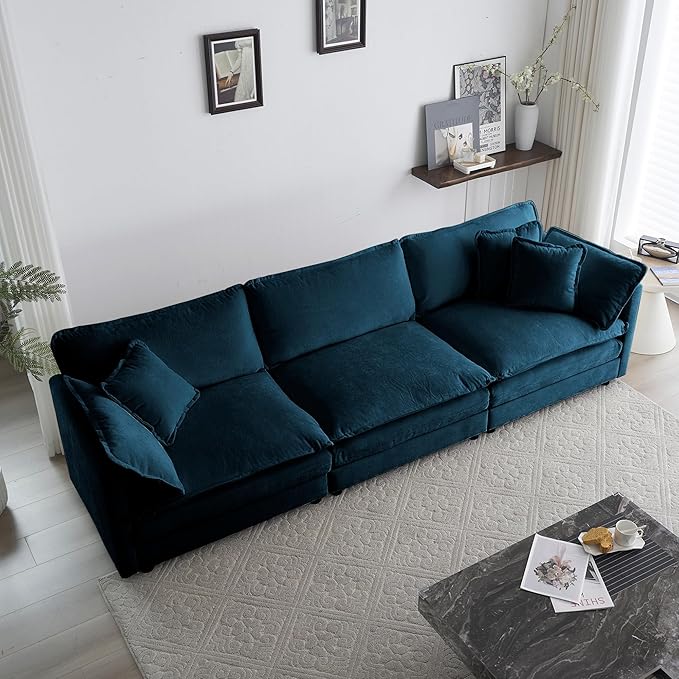 KEIKI Combination Sofa, Upholstered 3 Seater Couch, Oversized Sectional Sofa with Reversible Ottoman for Living Room Bedroom Office, Blue