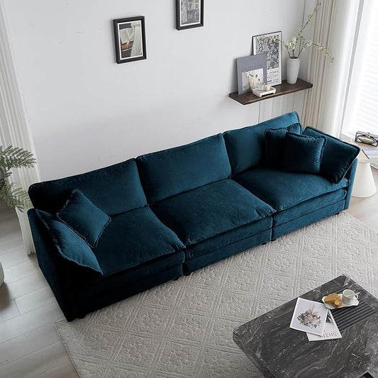 KEIKI Combination Sofa, Upholstered 3 Seater Couch, Oversized Sectional Sofa with Reversible Ottoman for Living Room Bedroom Office, Blue