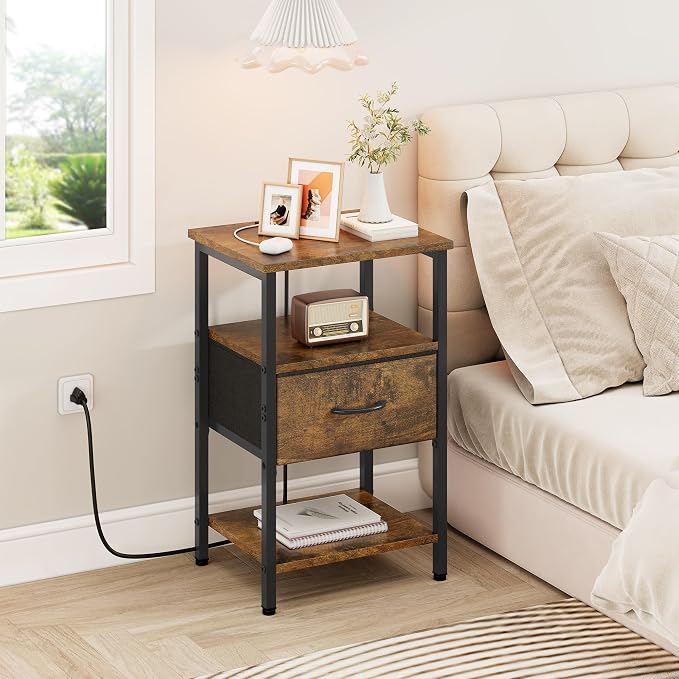 Vagusicc Nightstand with Charging Station, Bed Side Table with Adjustable Fabric Drawer, Night Stand for Bedroom, 3-Tier End Table with Storage Shelf for Living Room, Tall Bedside Table, Brown - Image 6