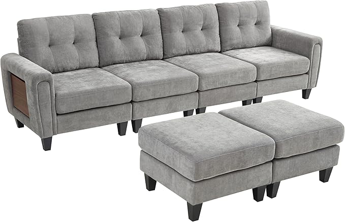 ERYE 115-Inch U-Shaped Modular Sectional Sofa Include 2 Ottomans and 4 Seat, Comfy Chenille Upholstered Tufted U Shaped Sectional Couch W/Coffee Table and USB-C Ports