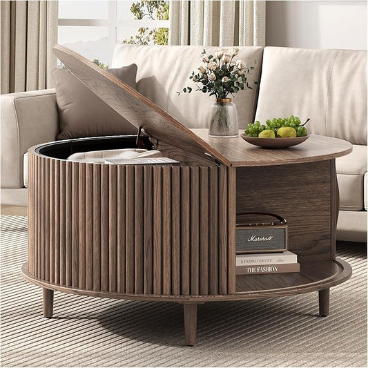 SULIVES Round Coffee Table with Storage,Mid Century Modern Coffee Table with Sliding Door,Fluted Center Table with Solid Wood Legs,Small Coffee Table for Living Room,Walnut