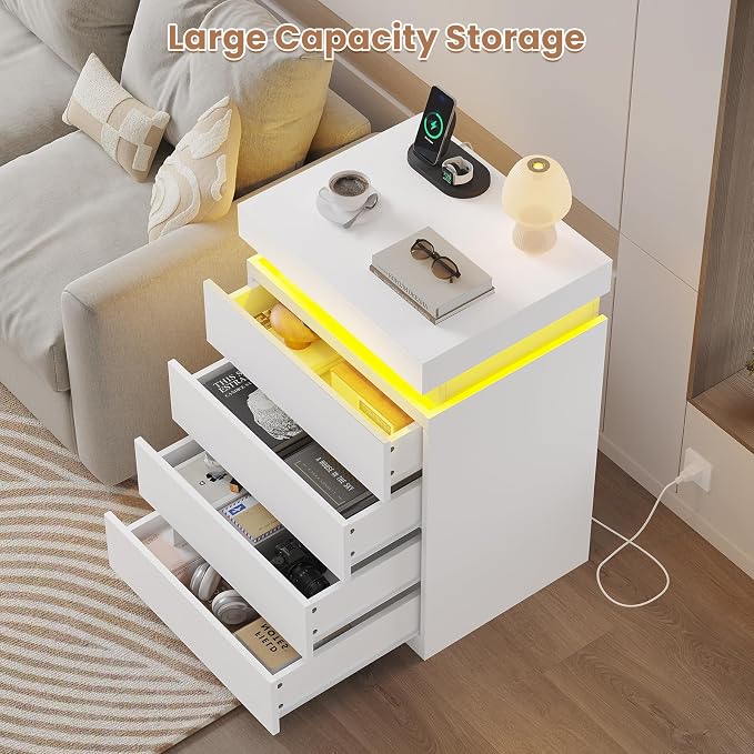 ADORNEVE White Night Stand with Drawers and LED Lights,Tall Nightstand with Sliding Top,Bedside Table with Charging Station,Modern End Side Table for Bedroom, 15.7" D x 17.7" W x 31.1" H - Image 5