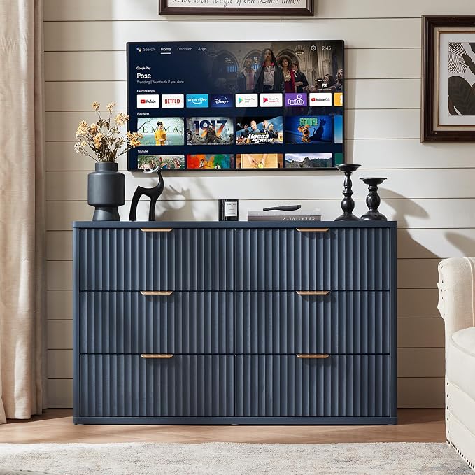 LEYAOYAO Fluted 6 Drawers Dresser for Bedroom, 48" Wide Modern Chest of Drawers with Metal Handle, Navy Blue Curved Profile Farmhouse Closet Organizer Wood Dressers TV Stand for Living Room, Hallway - Image 6