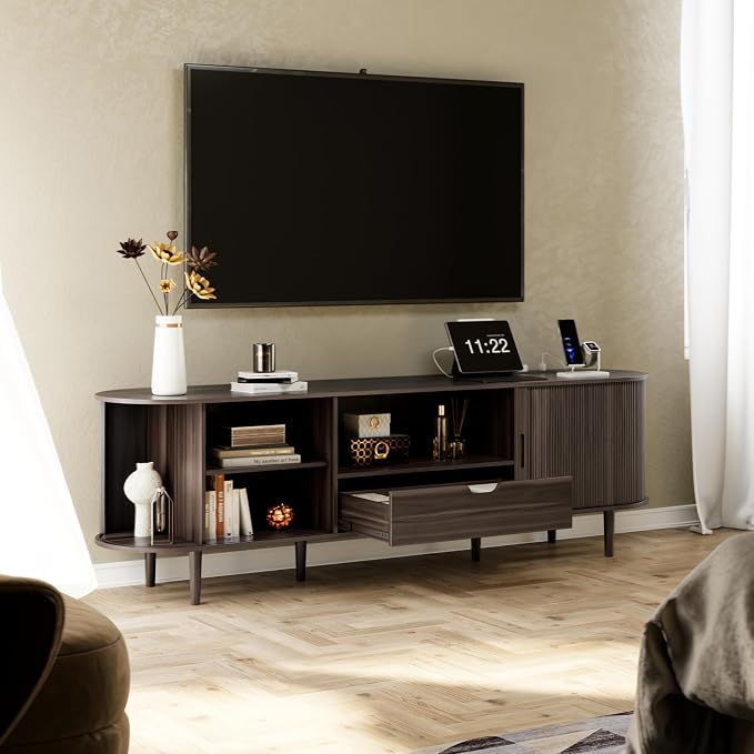 DHH 71" Fluted TV Stand with Power Outlet for TVs up to 80", TV Console with Adjustable Shelves and Sliding Door,Mid Century Modern Entertainment Center for Living Room,Bedroom (Dark Walnut, 71Inch) - Image 5